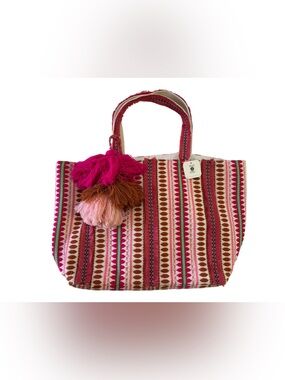 NWT B.A.B.E. Anchor Apparel Woven Tassel Tote Bag Pink Boho Geometric Fringe